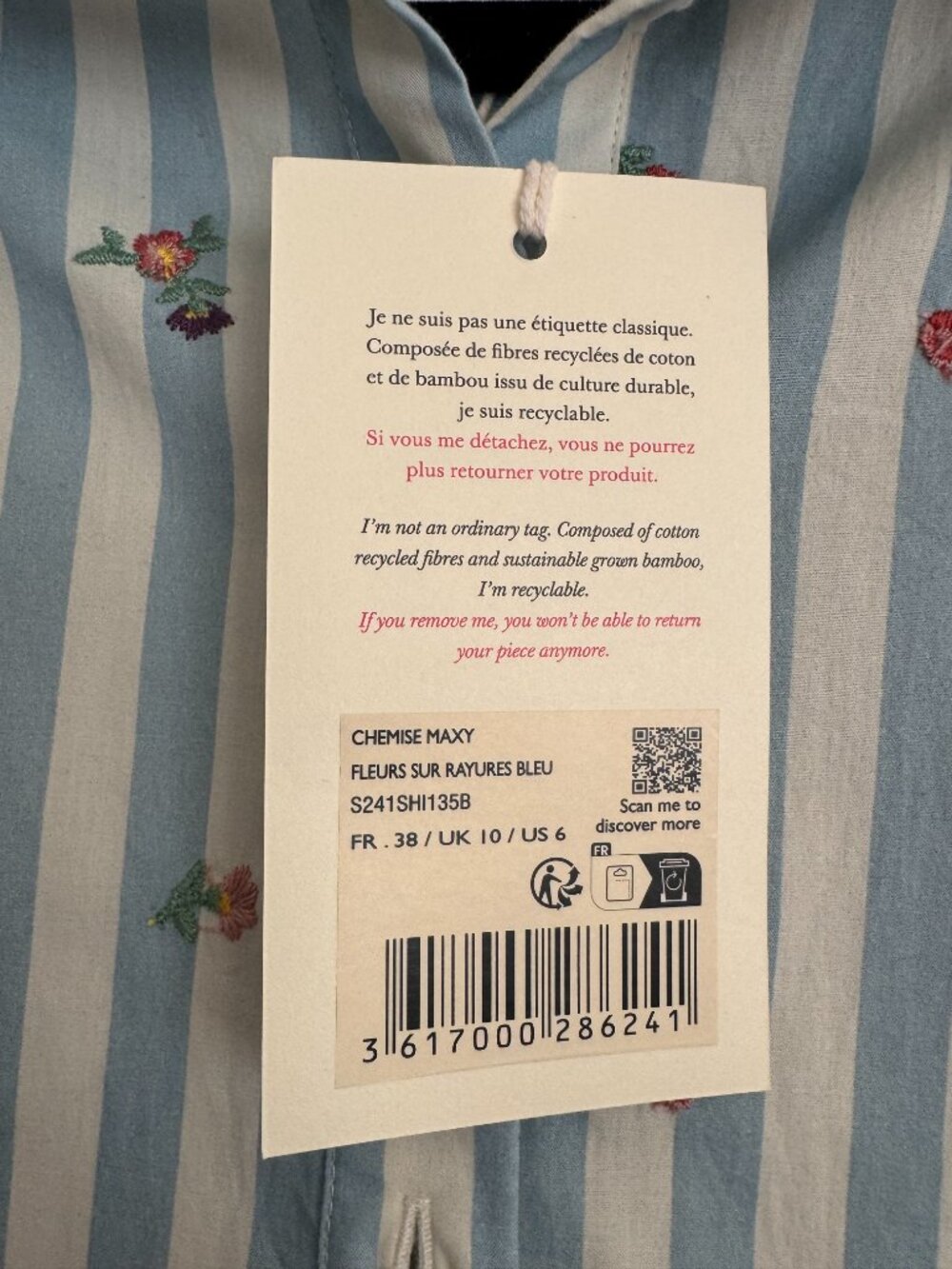 Sezane, Maxy Shirt, Flowers on Blue Stripes, Size 6 (38) - Picture 3 of 4